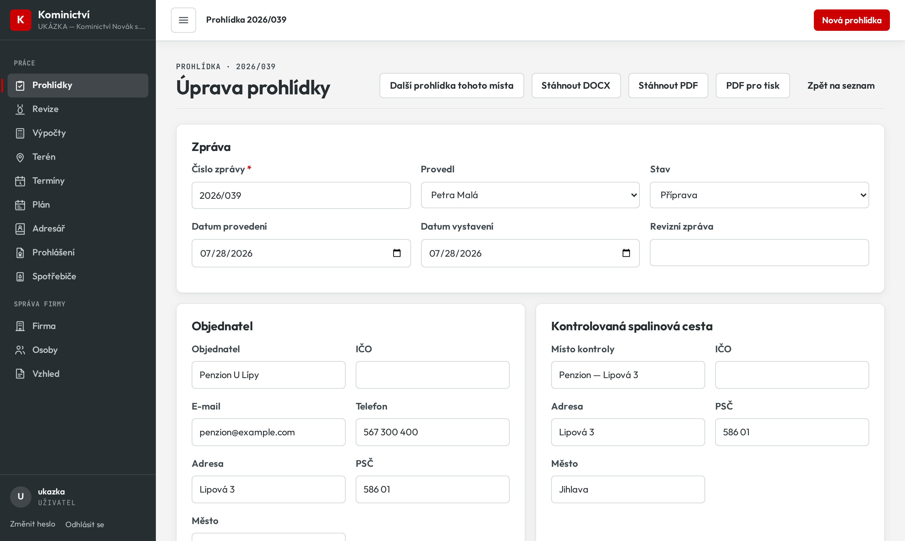 Formulář zprávy o kontrole: objednatel, místo, spotřebič, zjištění a závěr.